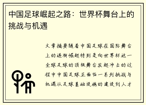 中国足球崛起之路：世界杯舞台上的挑战与机遇